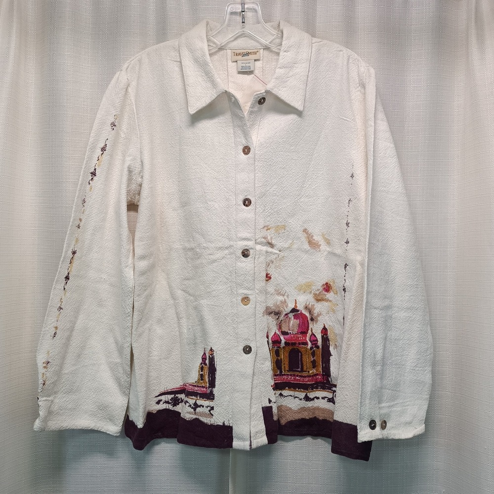 TravelSmith Womens L Cream Cotton Taj Mahal Graphic Button Down Jacket NWOT